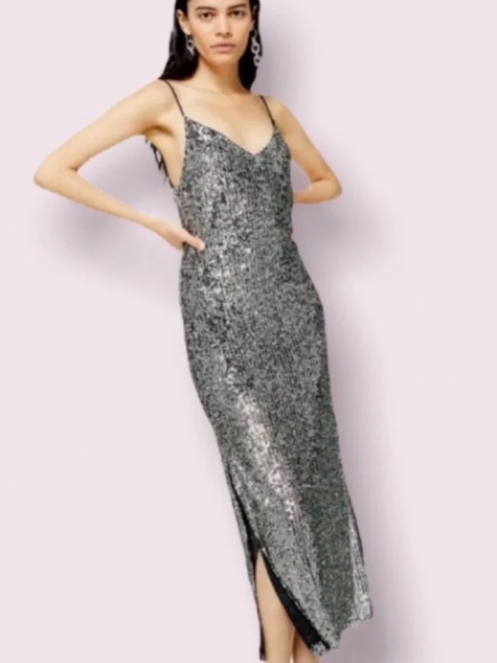 Topshop Sequin Beaded Midi V-Neck Silver Black Sleeveless Slip Dress